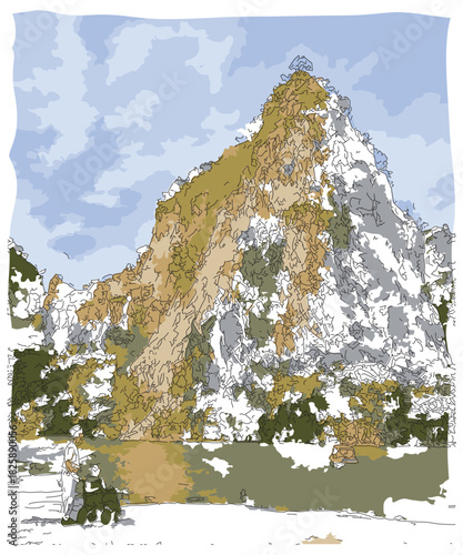 Sketch-style impressionnist painting,Senior woman in wheelchair walking with caregiver old man on road in park,Digital illustration vector image 