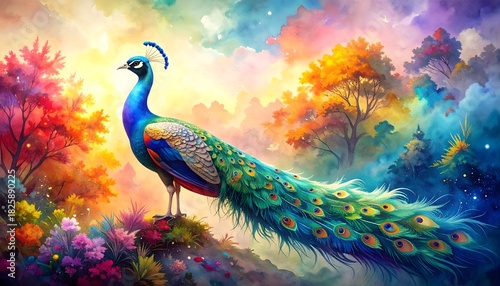 Vibrant Watercolor Painting of a Colorful Peacock on Vintage Textured Background