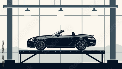 Modern convertible car showcased in elegant showroom, perfect for automotive marketing, ads, and presentations, symbolizing luxury and sleek design