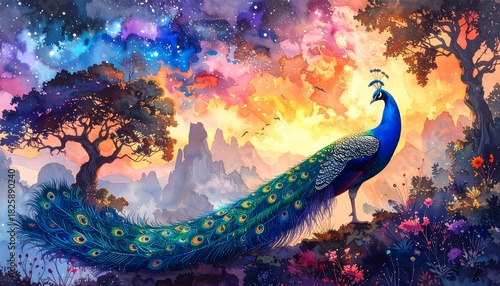 Vibrant Watercolor Painting of a Colorful Peacock on Vintage Textured Background