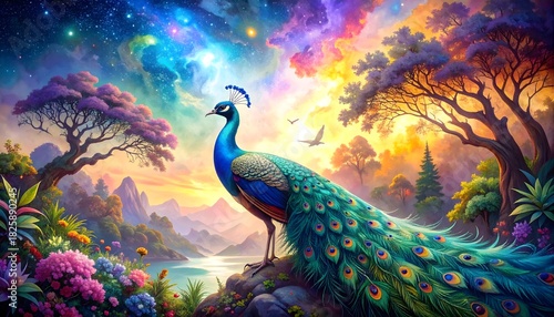 Vibrant Watercolor Painting of a Colorful Peacock on Vintage Textured Background