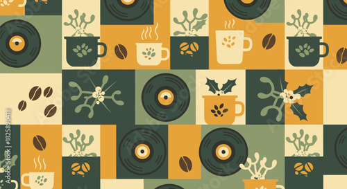 A charming, seamless pattern showcases coffee cups, vinyl records, and botanical elements in a delightful, repeating design.