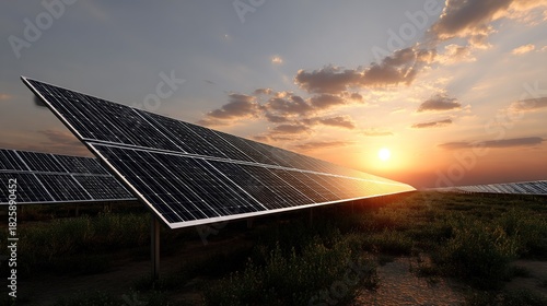 Rows of large photovoltaic solar panels angled toward  setting sun on  dusty field under  dramatic cloudy sky