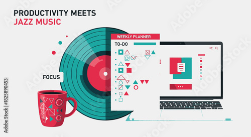 An illustration showcasing productivity and focus, with a coffee mug, a vinyl record, and a laptop displaying a to-do list.
