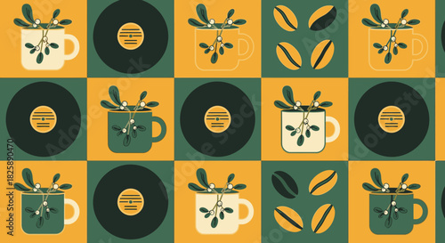 This charming retro pattern features coffee cups adorned with mistletoe, classic vinyl records, and roasted beans, evoking a cozy festive jazz ambiance.