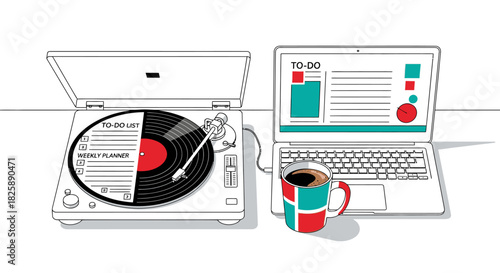 Illustration blending a turntable with a modern laptop, symbolizing efficient planning, creative productivity, and a balanced workflow, perfect with coffee and jazz.