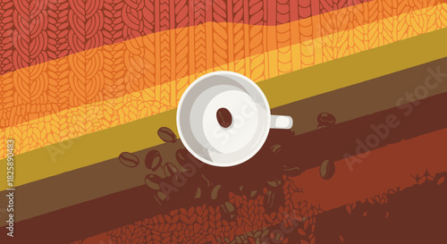 A lone coffee bean sits inside a white cup, surrounded by scattered beans on a warm, striped, textured background, perfect for cozy autumn jazz moments.