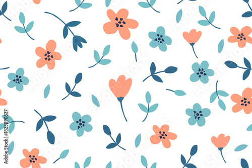A playful floral pattern with soft peach and teal flowers scattered across a clean white background, creating a light, modern, and cheerful decorative design.