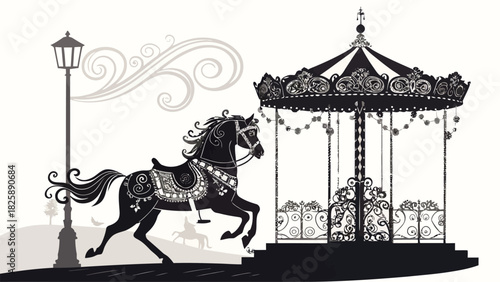 Enchanting carousel horse prancing near a vintage lamppost and ornate merry-go-round evokes nostalgia and whimsical charm, perfect for storybook illustrations