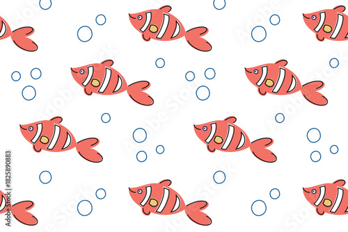 Vector illustration with flat cartoon seamless pattern of clownfish in cute kids style, bright marine theme for childrens textiles, beach accessories, summer packaging, playful ocean pattern
