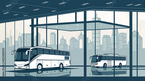 Modern bus station interior with city skyline view, passenger transport services, public transportation terminal, urban mobility, travel and tourism industry