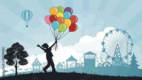 Joyful freedom! Silhouette of child with balloons against amusement park backdrop evokes carefree summer days and happy memories perfect for family events