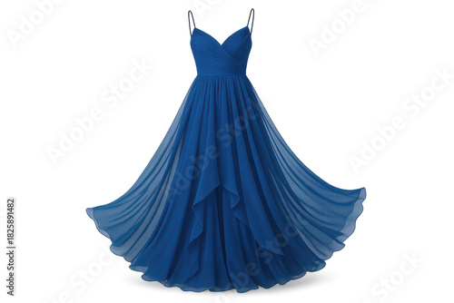 Elegant blue evening dress isolated on transparent background, fashion style