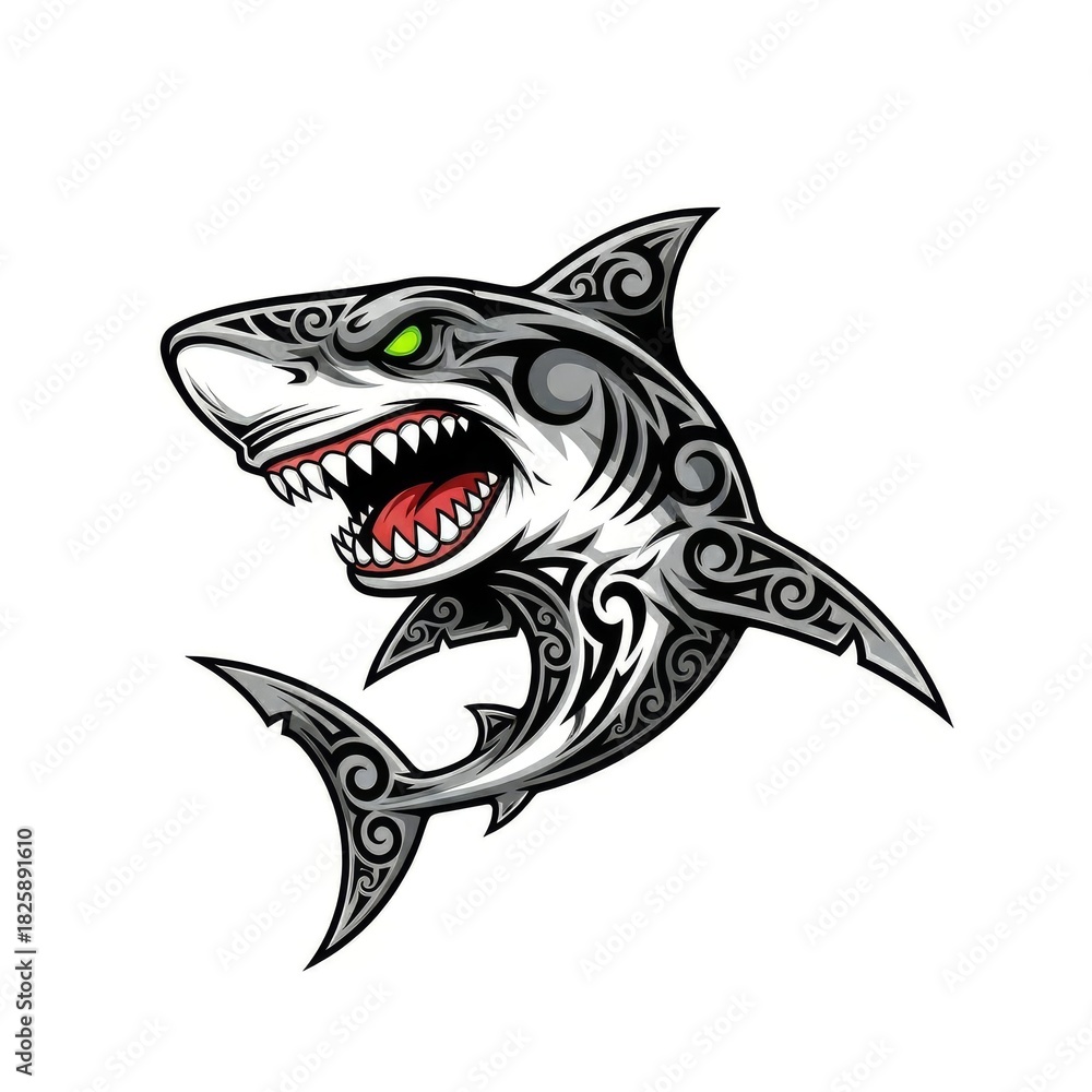 Obraz premium Tribal Shark with Green Eyes Vector Illustration