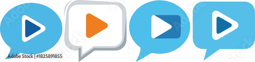 Set of four speech bubble icons with play buttons inside, representing communication and video content