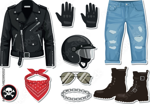 Biker Essentials Collection Leather Jacket, Jeans, Helmet, Boots & Accessories