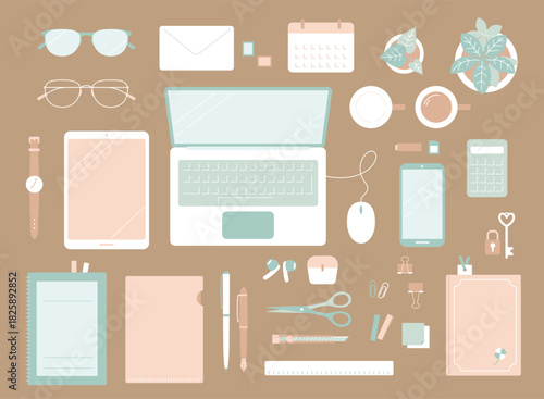 くすみカラーの俯瞰ビジネスデスクセット／パステル文房具とPCのフラットレイ