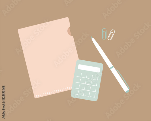 くすみカラーの事務セット／電卓とボールペンとクリアファイルの経理ワークスペース