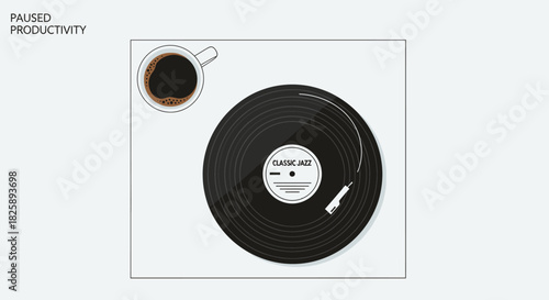 This minimalist illustration depicts a serene break, with a warm coffee cup and classic jazz vinyl record on a sleek turntable, for relaxation.