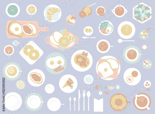 くすみカラーのカフェ朝食セット／俯瞰で並べたパンとドリンクのフラットレイ