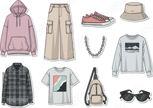 Trendy outfit arrangement with casual attire items