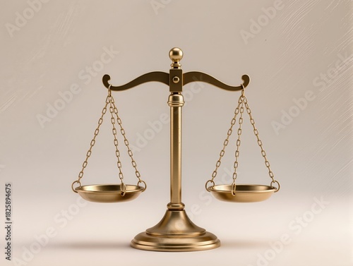 Golden Balance Scales Of Justice On Marble Pedestal Symbolizing Fairness And Law. A polished golden balance scales sit centered on a white marble base, conveying justice, fairness, and impartial law. 
