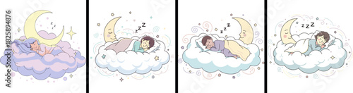 Dreamy Slumber Children Snuggled in Clouds Under the Moon