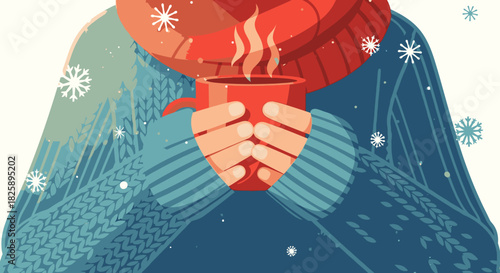 This charming illustration depicts an individual in winter clothing, savoring a hot coffee, creating a cozy scene ideal for relaxation and soft jazz music.