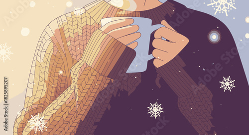 Embrace the cozy warmth of a winter day, sipping a steaming coffee from a mug while enjoying the serene, tranquil atmosphere.