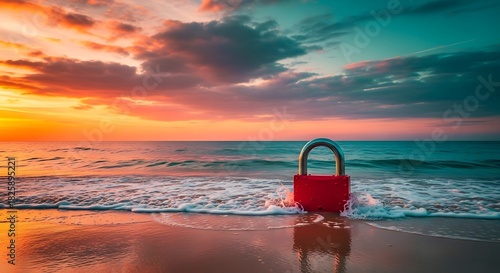 Fototapeta Naklejka Na Ścianę i Meble -  Red padlock on a sandy beach with ocean waves at vibrant sunset