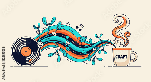An artistic illustration blending the soothing rhythm of jazz music with the comforting warmth of a steaming coffee cup, adorned with festive mistletoe.