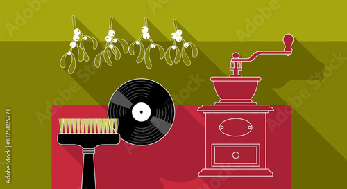 This flat design illustration elegantly combines a vintage coffee grinder, a classic vinyl record, and festive mistletoe, evoking warm holiday jazz mornings.