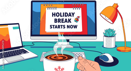 A person sips steaming coffee at their home office desk, eagerly anticipating a well-deserved holiday break announced on the computer screen.