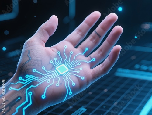 Futuristic Hand With Glowing Circuitry and Microchips, High-Tech Technology Concept for Innovation and AI. A translucent, illuminated hand reveals a central microchip and glowing circuitry.