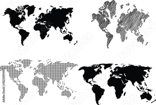 black world map set high quality vector illustration