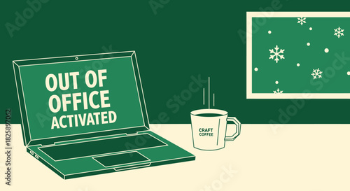 A steaming coffee cup sits beside a laptop showing 'Out of Office Activated' with snowflakes outside, depicting a relaxing winter holiday.