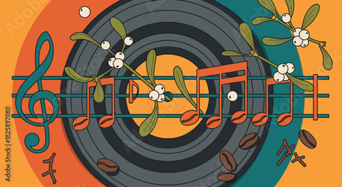An artistic illustration portraying bean-shaped musical notes on a vinyl record, symbolizing the harmonious blend of a warm brew and smooth jazz melodies.