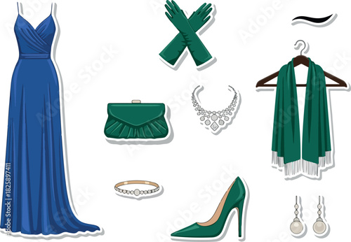 Formal Evening Attire Elegant Dress, Jewelry, and Accessories Illustration