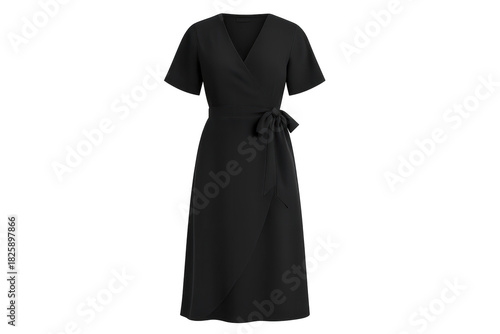 Elegant black wrap dress with short sleeves, isolated on transparent background