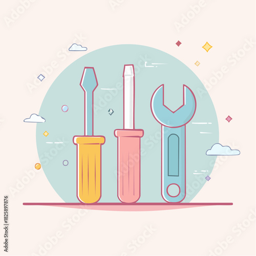 Flat Illustration Of A Yellow Screwdriver Pink Screwdriver And Blue Wrench Tools With Clouds And Stars On A Pale Pink Background