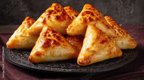 Xinjiang samsa, hand-shaped triangular pastries, golden blistered crust, beef and onion filling
