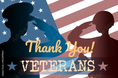 Thank You Veterans Vector Banner with US Flag background and Soldier Silhouette Patriotic Illustration