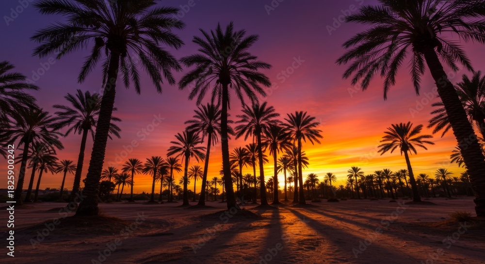 Obraz premium Vibrant Sunset Silhouette of Palm Trees in Desert Landscape