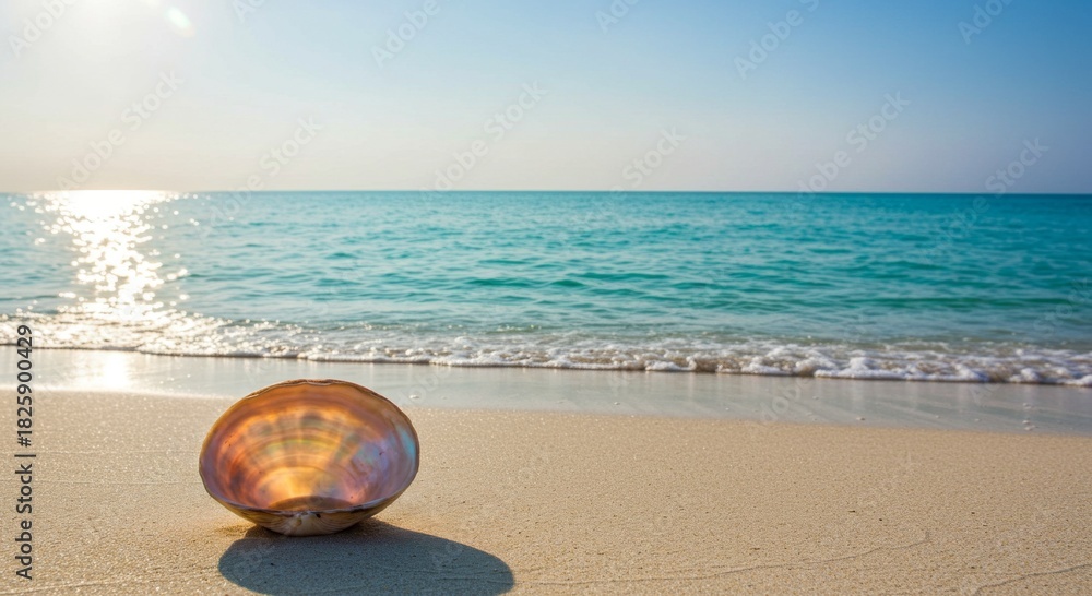 Obraz premium Seashell on Sandy Beach with Turquoise Ocean and Sunlight