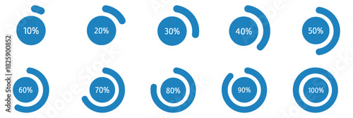 Circular Progress Bar Set. Vector Percentage Indicators from 10 to 100 for UI & Infographics percent charts. Vector percentage infographics. Diagrams set. Illustrations for business, finance, download