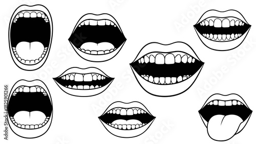 Collection of Black and White Open Mouth Outlines