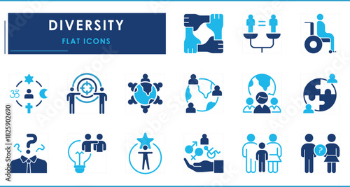 A set of flat icons related to Diversity. Diverse, community, society, global, disables, world, equality, gender, race, and so on.