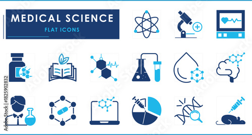 A set of flat icons related to Medical Science. Chemistry, research, brain, medicine, technology, researcher, statistics, vaccine, and so on.