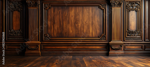 Traditional Luxury Wood Wall and Floor Texture Featuring Expert Craftsmanship, Panel Frames, and Column Detailing in an Extra-Wide High-End Composition