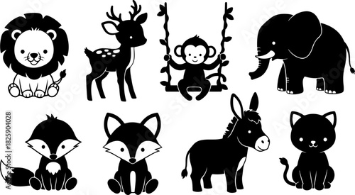 Cute Animal Silhouette Bundle – Lion, Elephant, Deer, Monkey, Fox & Donkey